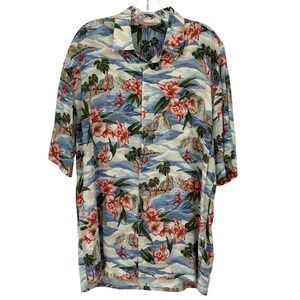 Paradise Collection Button Down Shirt Blue Tropical‎ Floral 100% Rayon Large